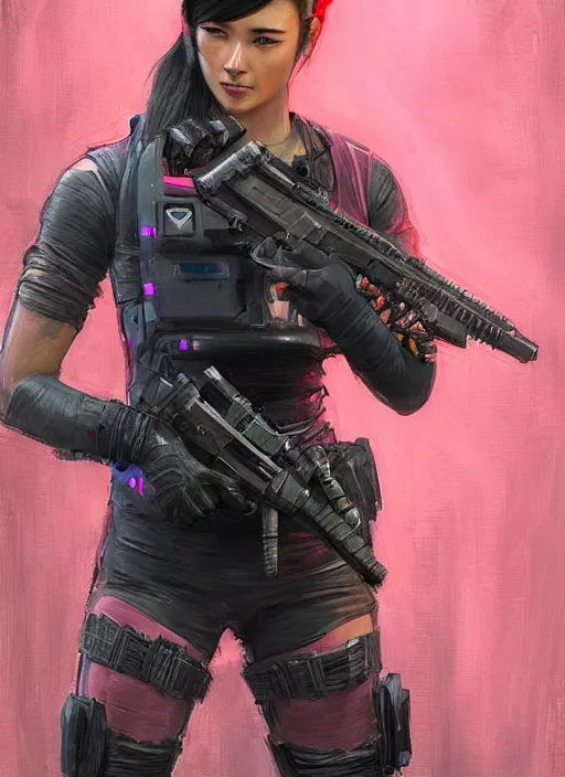 Image similar to Nikki tanaka. beautiful cyberpunk female USN marine wearing a military vest and a black and pink tactical jumpsuit (cyberpunk 2077, bladerunner 2049). gorgeous face. Iranian orientalist portrait by john william waterhouse and Edwin Longsden Long and Theodore Ralli and Nasreddine Dinet, oil on canvas. Cinematic, hyper realism, realistic proportions, dramatic lighting, high detail 4k