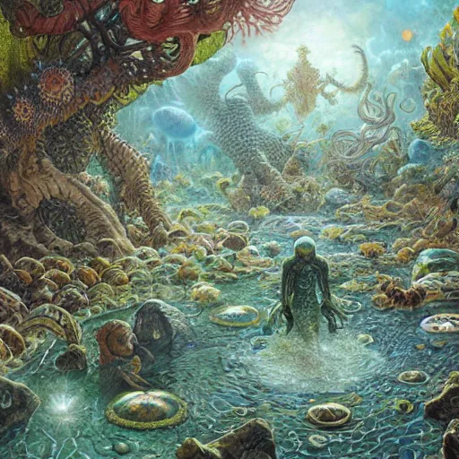 Prompt: Life in an Alien Tide Pool, by Ernst Haeckel and Marc Simonetti and Donato Giancola