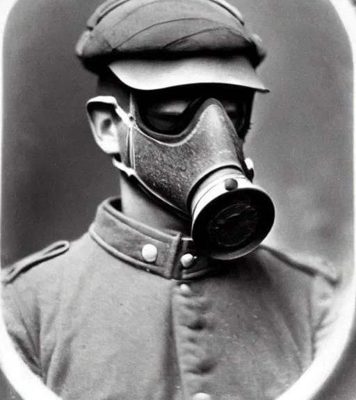 Image similar to person wearing gp5 gas mask, ww1 technicolor film photo, grainy, high detail, high resolution