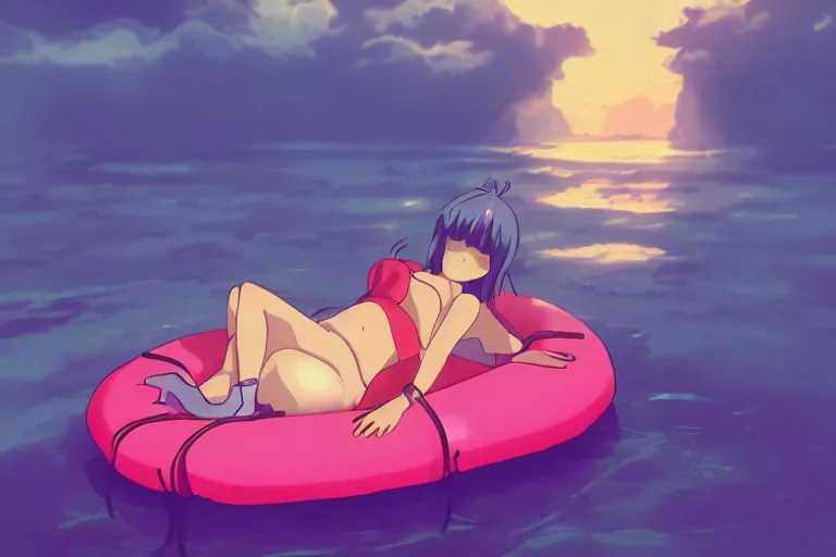 Image similar to a cute anime woman sleeping on a raft, misty, glows, by studio ghibli, anime, hazy, foggy, ambient lighting, 8 k, neon, synthwave,