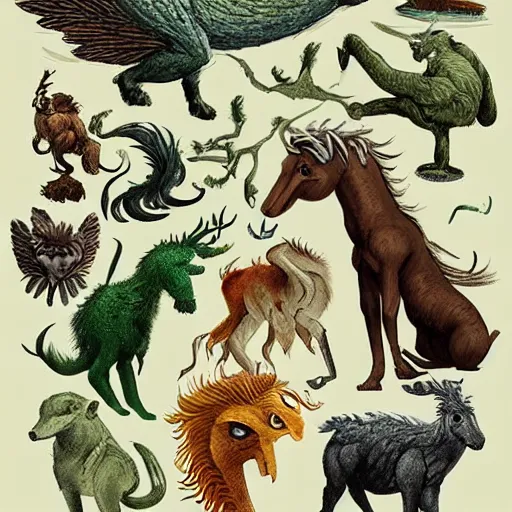 Prompt: mythical creatures, naturalist illustration,