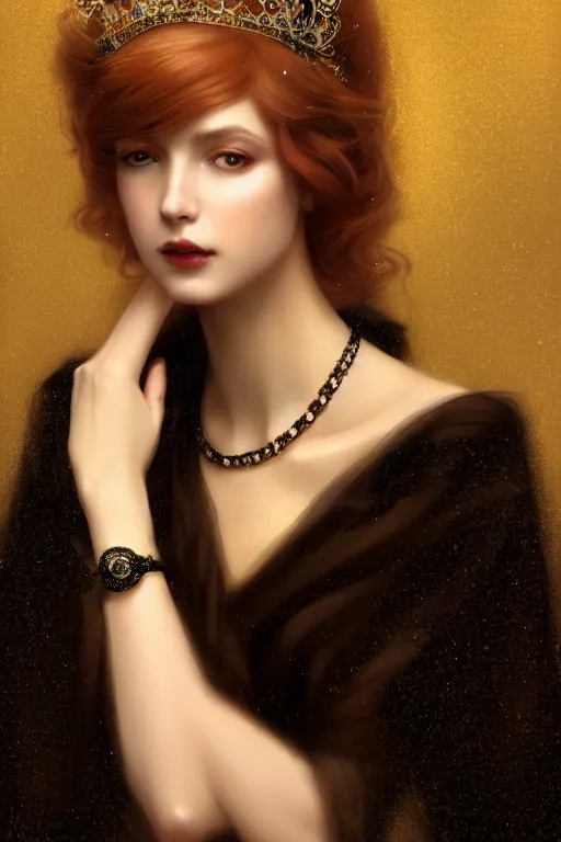 Image similar to Nocturne, glowing, stars, a long-legged elegant sultry woman, long auburn hair, pearl choker, tiara, highly detailed, mysterious, ethereal, dressed in black velvet, haute couture, illustration, dramatic lighting, soft details, painting, by Edmund Blair Leighton, Brom, Charlie Bowater, trending on artstation, faces by otto schmidt