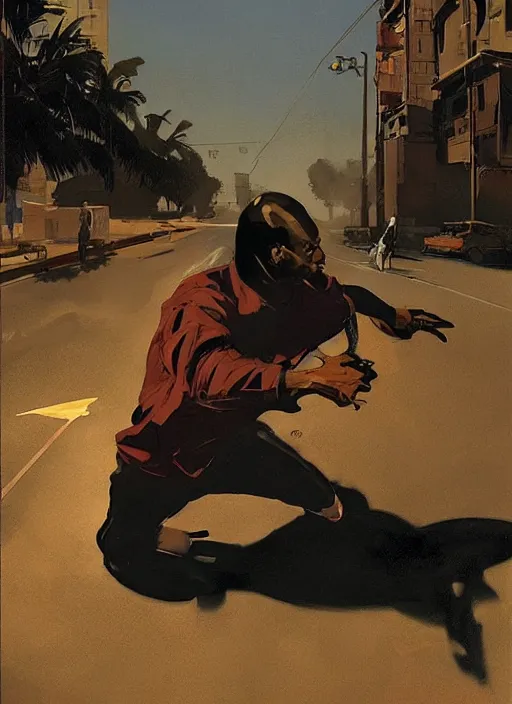 Image similar to cj in san andreas, painting by phil hale, fransico goya,'action lines '!!!, graphic style, visible brushstrokes, motion blur, blurry, visible paint texture, crisp hd image