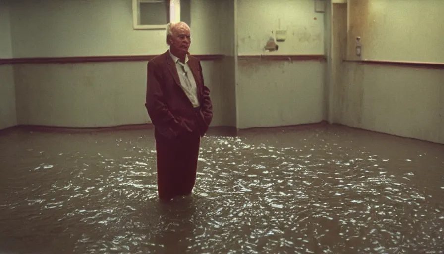 Prompt: 7 0 s movie still of an old man standing in a soviet ballroom flooded in mud, cinestill 8 0 0 t 3 5 mm eastmancolor, heavy grain, high quality, high detail