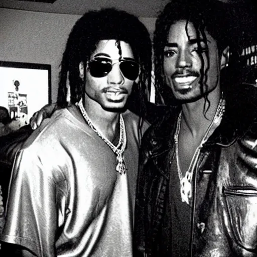 Image similar to Tupac and Michael Jackson hanging out at a bar, grainy photo, found footage, hidden camera.