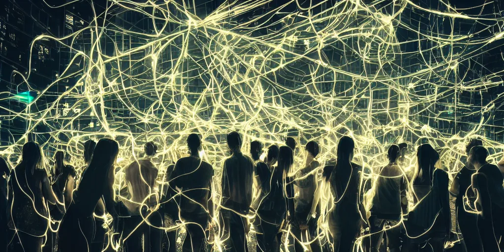 Prompt: love, double exposure groups of people with glowing bodies, from behind, rebirth, wide angle, cinematic atmosphere, elaborate wires, highly detailed, vivid colors, dramatic lighting