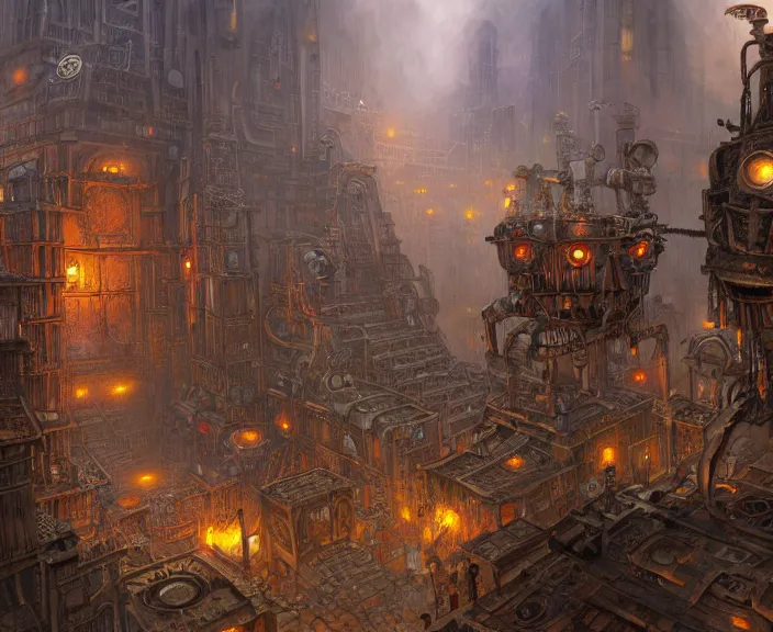 Prompt: A painting of a steampunk city, in ancient mayan civilization invaded by futuristic robots, by John Howe, fantasy, extremely detailed, digital painting, artstation, concept art, smooth, sharp focus, illustration, stark lighting, incredible art