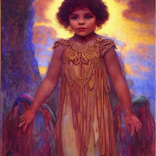 Image similar to portrait of the child of the lost city of the clouds in full regalia, by Annie Swynnerton and Diego Rivera and Tino Rodriguez and Maxfield Parrish, elaborately costumed, rich color, dramatic cinematic lighting, extremely detailed