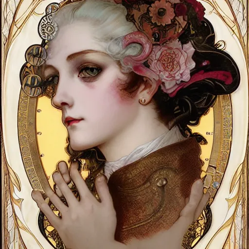 Prompt: realistic detailed face portrait of a Clockwork Steampunk Porcelain Marie Antoinette Automaton by Alphonse Mucha, Ayami Kojima, Amano, Charlie Bowater, Karol Bak, Greg Hildebrandt, Jean Delville, and Mark Brooks, Art Nouveau, Neo-Gothic, gothic, rich deep moody colors