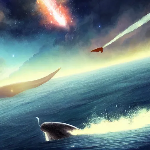 Prompt: a beautiful scenary of a fantasy world of a giant flying whale with the background of a milky way, artstationHD, digital painting, hyper detail, elegant, cinematic, epic lighting, very very very very beautiful scenery