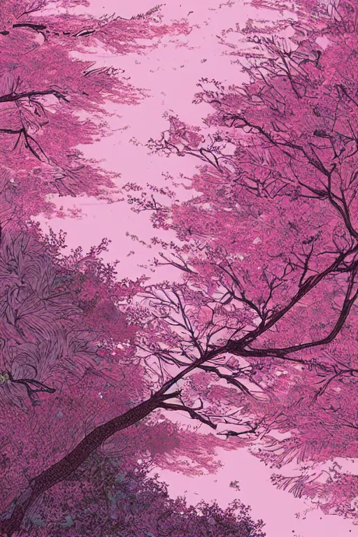 Image similar to concept art painting of a lush cherry blossom tree in winter, moebius, inio asano, toon shading, cel shading, calm, tranquil, vaporwave colors,
