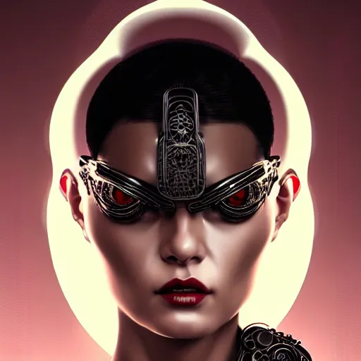 Prompt: woman with extremely large and intricate haircut with angry red eyes and slim features looking askance, eye cyberpunk bionics, retro futurist style, intricate, elegant gleaming intricate baroque jewelry, angelic halo, highly detailed, digital painting, artstation, concept art, smooth, sharp focus, illustration, art by wlop, mars ravelo and greg rutkowski,