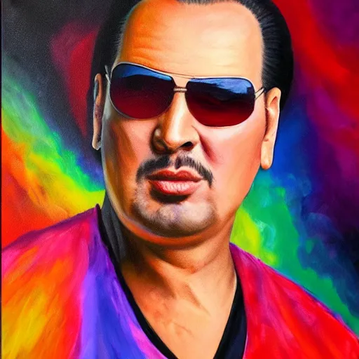 Prompt: high quality oil painting of steven seagal with cat ears, colorful