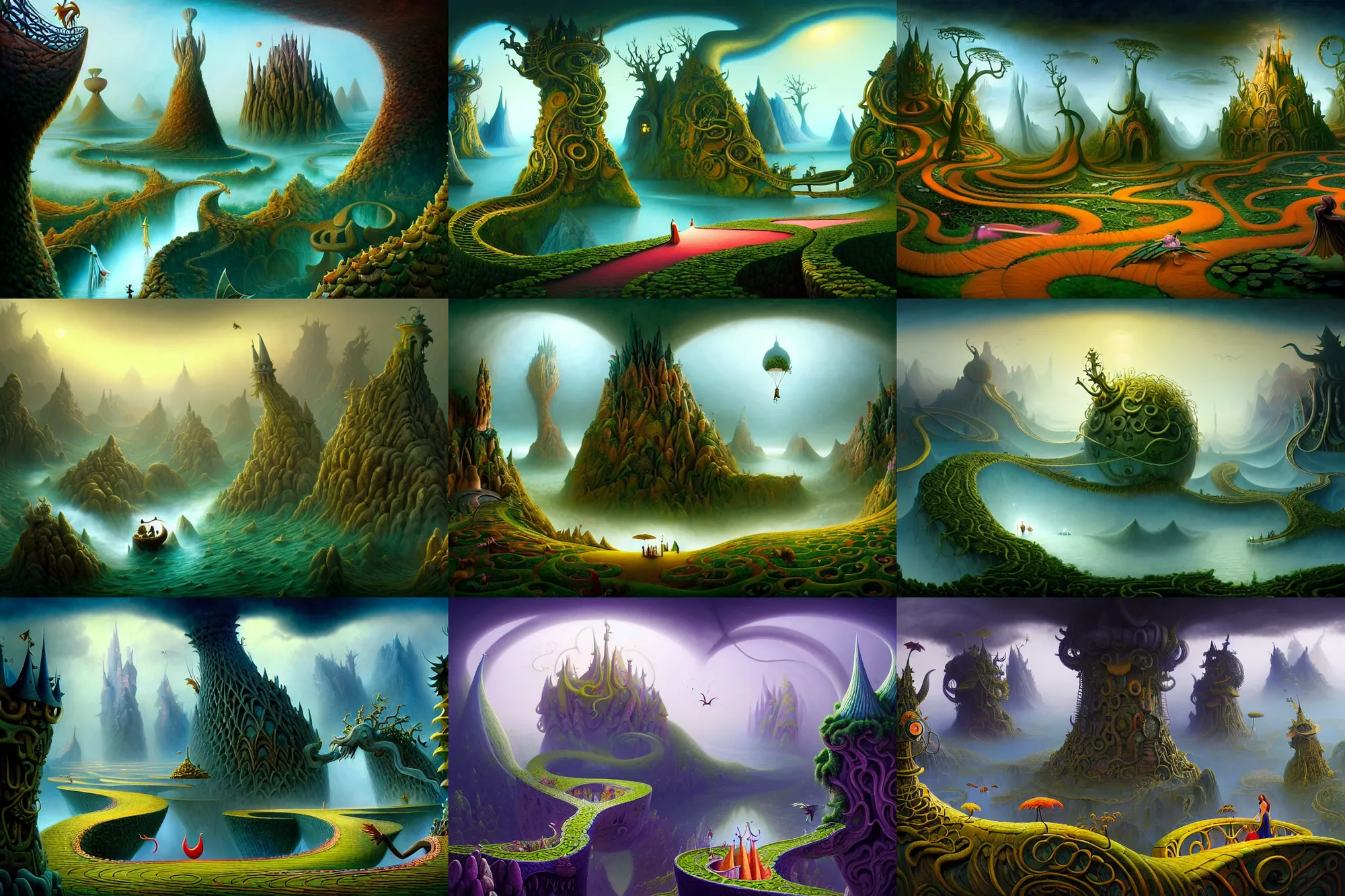 Prompt: a beguiling epic stunning beautiful and insanely detailed matte painting of the impossible winding path in a dream world with surreal architecture designed by Heironymous Bosch, dream world populated with mythical whimsical creatures, mega structures inspired by Heironymous Bosch's Garden of Earthly Delights, vast surreal landscape and horizon by Cyril Rolando and Noah Bradley and Mike Azevedo, masterpiece!!!, grand!, imaginative!!!, whimsical!!, epic scale, intricate details, sense of awe, elite, wonder, insanely complex, masterful composition!!!, sharp focus, fantasy realism, dramatic lighting