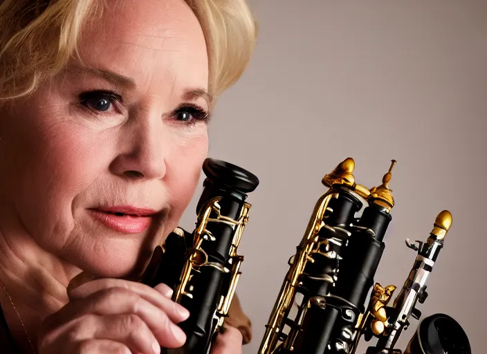 Image similar to photo still of tuesday weld playing a clarinet, 8 k, studio lighting bright ambient lighting key light, 8 5 mm f 1. 8