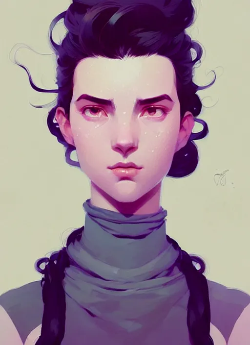 Image similar to highly detailed portrait of an androginous person, soft background, ringlet hair by atey ghailan, by greg rutkowski, by greg tocchini, by james gilleard, by joe fenton, by kaethe butcher, gradient violet, black, cream and white color scheme, trending in pinterest, award winning details