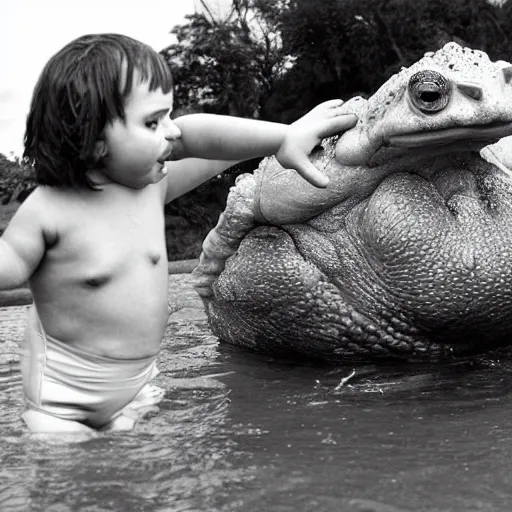 Image similar to dramatic photo of a fat tiny midget man in a swimsuit holding and licking the worlds largest toad