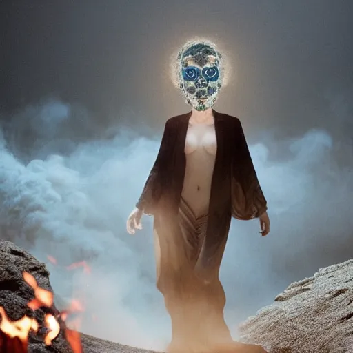 Prompt: The full body shot of beautiful pale woman with white flowers and full-face golden occult mask and glowing eyes in a rocky desert landscape, multiple eyes, thick smoke and fire around her, volumetric lighting, occult atmosphere, by Denis Villeneuve, Lubezki, Gaspar Noe and Alejandro Jodorowsky, anamorphic lens, anamorphic lens flares, kodakchrome, cinematic composition, practical effects, award winning photo, 8k, detailed 85mm f/1.4