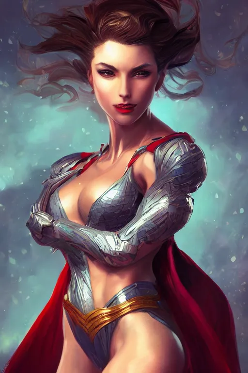 Image similar to three-quarters portrait pose of a beautiful woman, strong body,super heroine costume, human super powers, fantasy, intricate, elegant, highly detailed, digital painting, artstation, concept art,shining, sharp focus,D&D, illustration, art by Stanley Lau