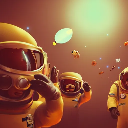 Image similar to astronaut monkeys laughing throwing bananas on each other, realistic, dramatic light, octane render, trending on artstation, cinematic, hyper realism, high detail, 8k