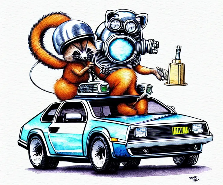 Image similar to cute and funny, racoon wearing a helmet riding in a tiny silver color hot rod dmc delorean with oversized engine, ratfink style by ed roth, centered award winning watercolor pen illustration, isometric illustration by chihiro iwasaki, edited by range murata, details by artgerm