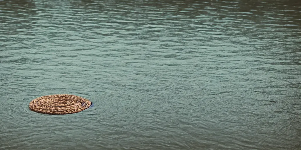 Prompt: centered photograph of a long rope zig zagging across the surface of the water, floating submerged rope stretching out towards the center of the lake, a dark lake on a cloudy day, color film, trees in the background, hyperedetailed photo, anamorphic lens