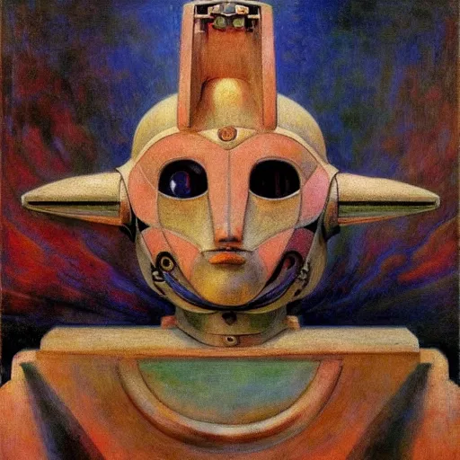 Image similar to masterpiece painting of a robot cat head, by annie swynnerton and diego rivera and nicholas roerich and jean delville, symbolist, dramatic lighting, god rays, elaborate geometric ornament, art brut, rich colors, smooth, sharp focus, extremely detailed, adolf wolfli and ( donato giancola )