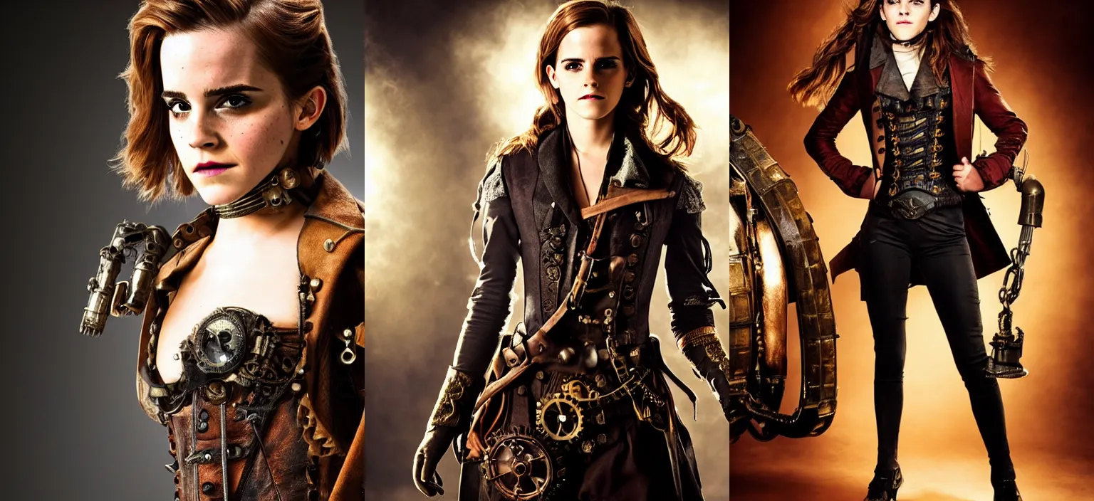 Prompt: emma watson as a steampunk pirate for a new movie directed by james gunn, photo from a promo shoot, studio lighting, black background