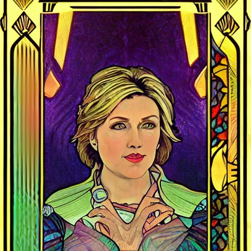 Image similar to a dramatic ethereal epic symmetrical painting of a handsome hilary clinton | tarot card, art deco, art nouveau, steampunk, realistic | by louis comfort tiffany and alphonse mucha | trending on artstation