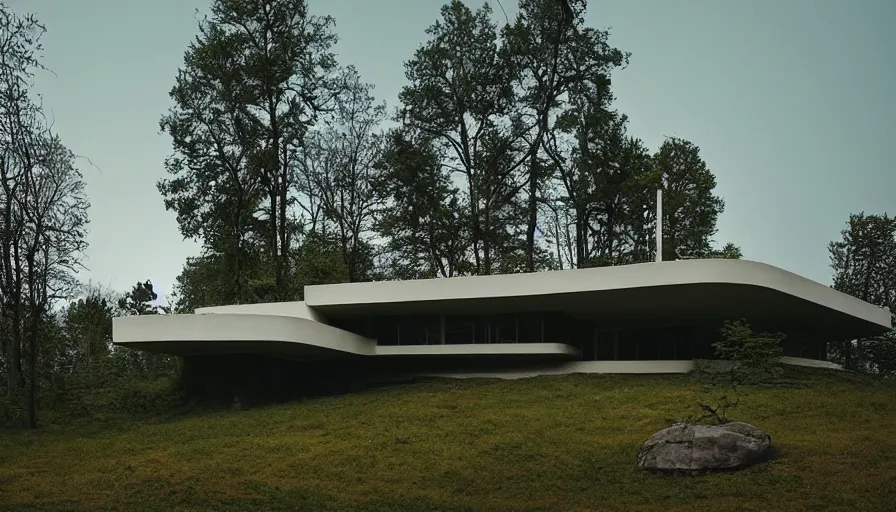 Image similar to modern house on a green hill between trees, frank lloyd wright, simon stalenhag