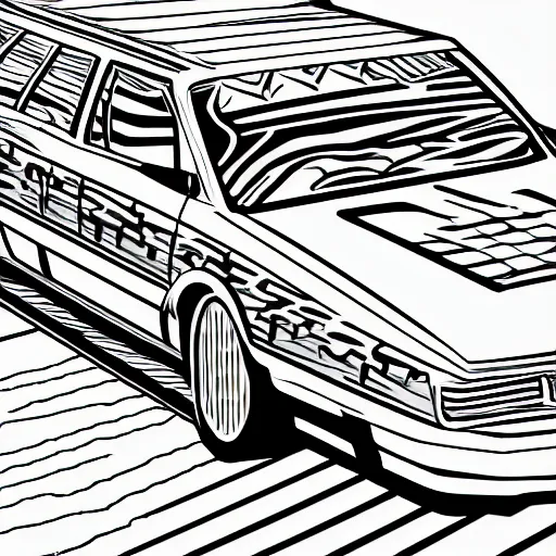 Image similar to vaporwave line art illustration of an 8 0 s station wagon driving during sunset. digits art