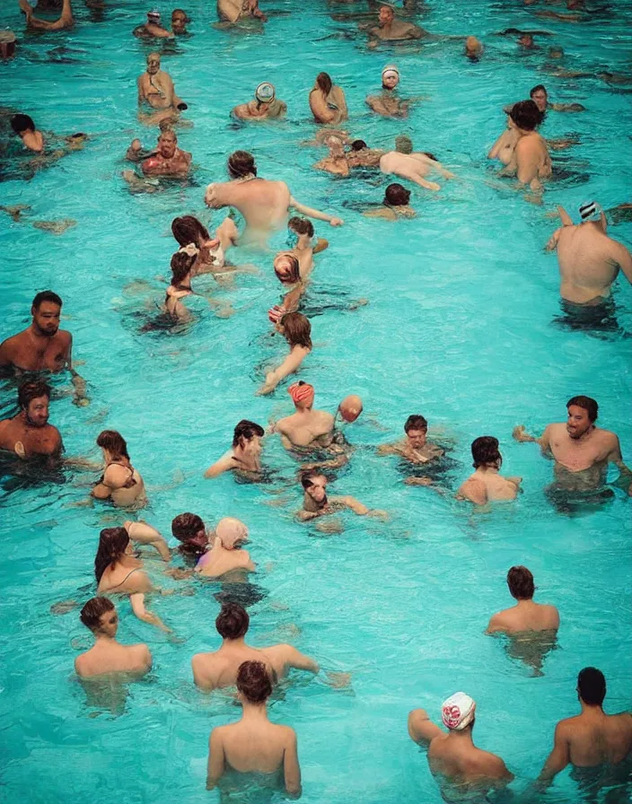 Prompt: “ a close - up of people stuck in a small square swimming pool, color photography ”