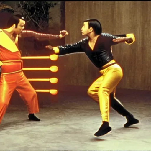 Prompt: 1 9 7 0's kung fu movie, a man in a rubber latex hot dog costume fighting a man wearing a rubber latex hamburger costume inside a futuristic ufc octagon cage arena