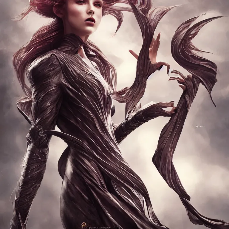 Image similar to beautiful cinematic fantasy poster, a beautiful fashion model wearing haute couture in dynamic pose, wideshot ultrawide angle epic scale, hybrid from The Elden Ring and art direction by Darius Zawadzki ;by artgerm; wayne reynolds art station; cinematic quality character render; low angle; ultra high quality model; production quality cinema model;