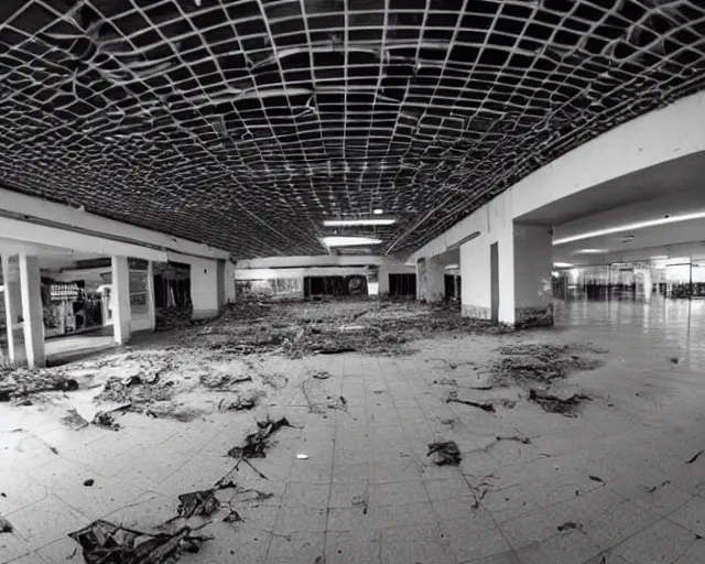 Prompt: camera footage of an abandoned shopping mall overrun by huge spiders and cobwebs, high exposure, dark, monochrome, camera, grainy, CCTV, security camera footage, timestamp, zoomed in, fish-eye lense, spiders!!!!, webs!