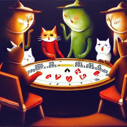 Prompt: a gang of cats playing poker at night