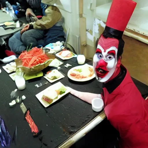 Image similar to vampire clown spins sushi at the table