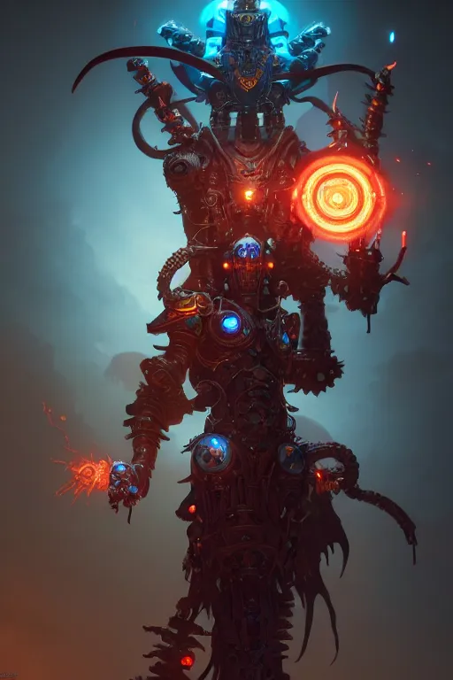 Image similar to diablo action game robot shaman by artgerm, greg rutkowski, alphonse mucha, cgsociety and beeple highly detailed, cinematic lighting, illustration, art, octane render, unreal engine lumen, very coherent. cinematic, hyper realism, high detail, octane render, 8 k