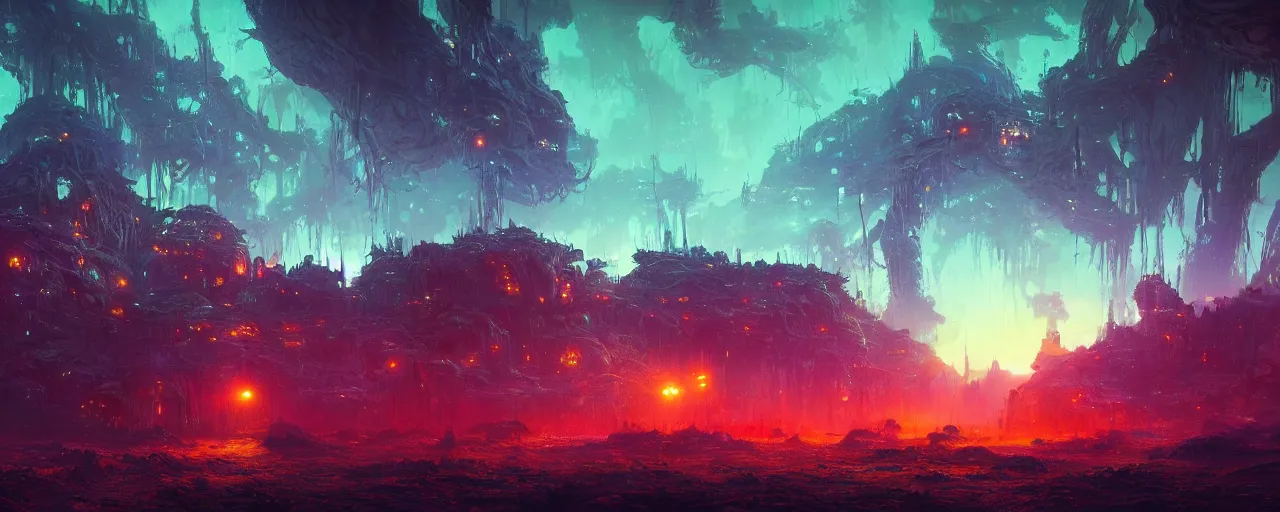 Image similar to ” otherwordly landscape at night, [ bioluminescense, cinematic, detailed, epic, widescreen, opening, establishing, mattepainting, photorealistic, realistic textures, octane render, art by slop and paul lehr ] ”