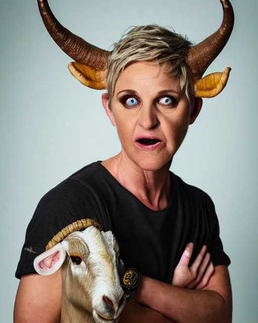 Prompt: headshot of satyr looking angry ellen degeneres with yellow goat like eyes, goat horns, and large goat ears, studio lighting, 8 k, photo shoot, 9 inch kershaw soft focus lens f / 5. 6