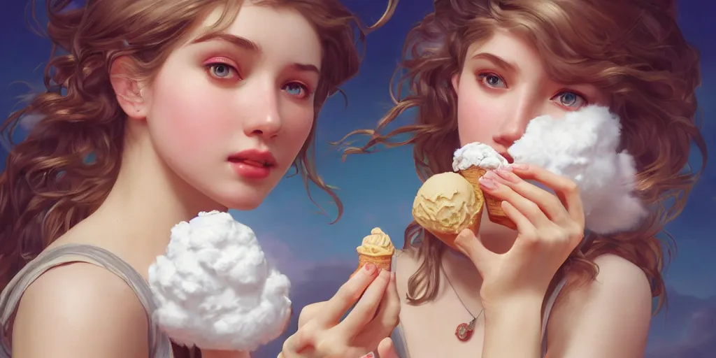 Prompt: a girl with an ice cream cone on hands with a white fluffy cloud in it, realistic 4 k octane cycles beautifully detailed render, 4 k, deep focus, intricate, elegant, highly detailed, photorealistic rendering, sharp focus, illustration, hearthstone, art by artgerm and alphonse mucha