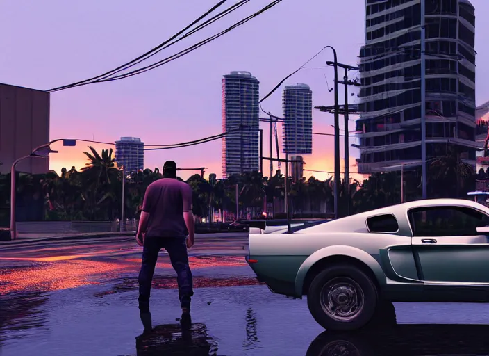 Prompt: still next - gen ps 5 game grand theft auto 6 2 0 2 4 remaster, graphics mods, rain, red sunset, people, reflections, gta vi, miami, palms and miami buildings, screenshot, unreal engine, 4 k, 5 0 mm bokeh, close - up ford mustang, gta vice city remastered, rtx, artstation