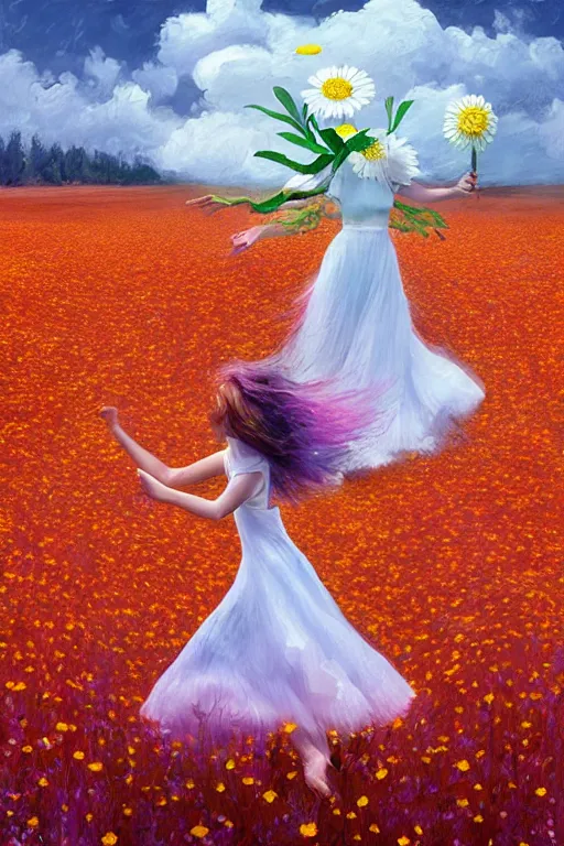 Image similar to giant white daisy flower as head, girl dancing in a flower field, surreal photography, sunrise, dramatic light, impressionist painting, colorful clouds, digital painting, artstation, simon stalenhag