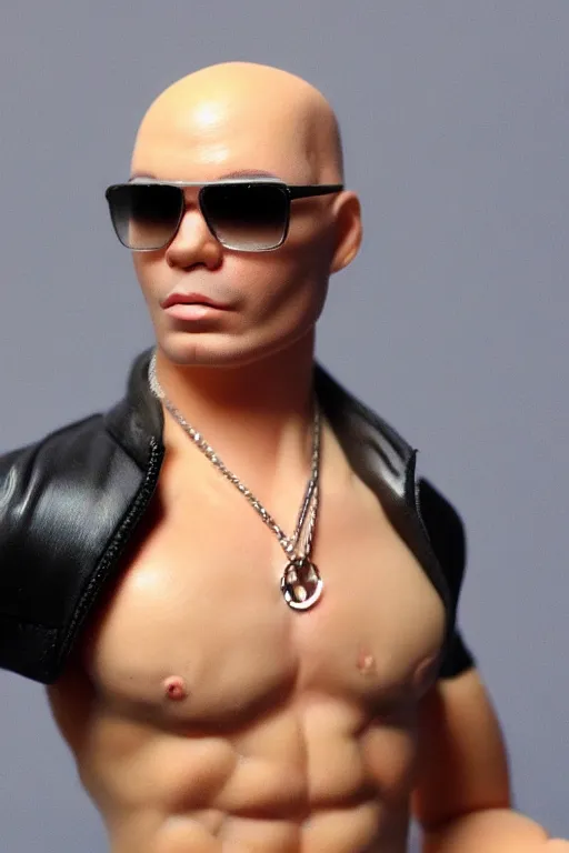 Image similar to pitbull the rapper barbie doll, photorealistic, highly detailed,