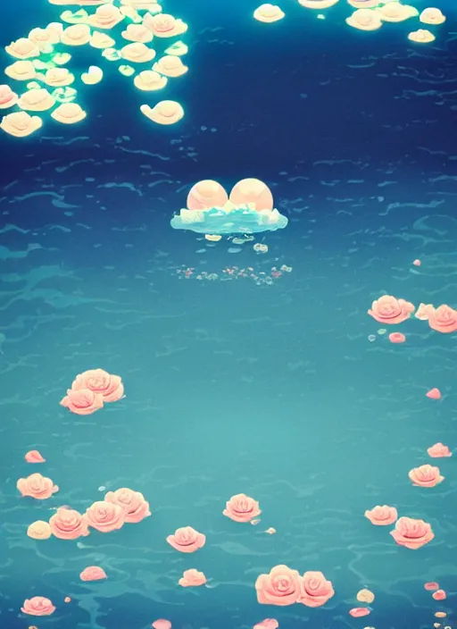 Prompt: On the surface of the sea in the moonlight, there were some roses floating on the surface of the sea，by Chiho Aoshima