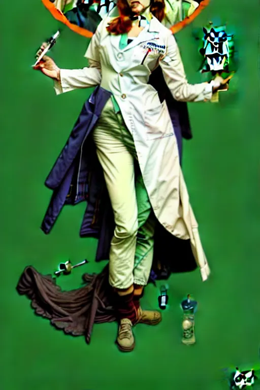 Image similar to doctor who, woman, as a mad dentist, on a plain green background, art by artgerm and greg rutkowski and alphonse mucha