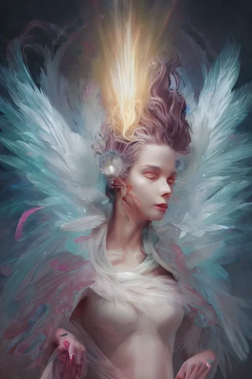 Image similar to beautiful model wearing crystal white feathers, pink magic, vortex, angel, fantasy, dramatic lighting, highly detailed, digital painting, holding electricity, magic the gathering, 3 d render, hyper realistic detailed portrait, peter mohrbacher, wlop, ruan jia