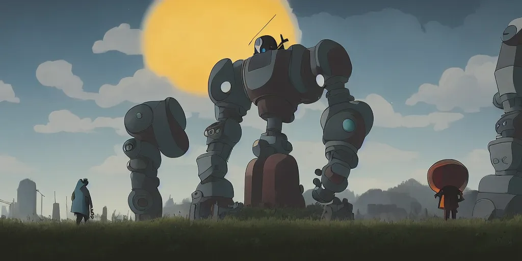 Image similar to Iron Giant, Very Cloudy Sky, Sun, Neon Lights, Subject in Middle, Rule of Thirds, 4K, Retrofuturism, Castlevania, Fantasy, hollow knight, Studio Ghibli, Simon Stålenhag
