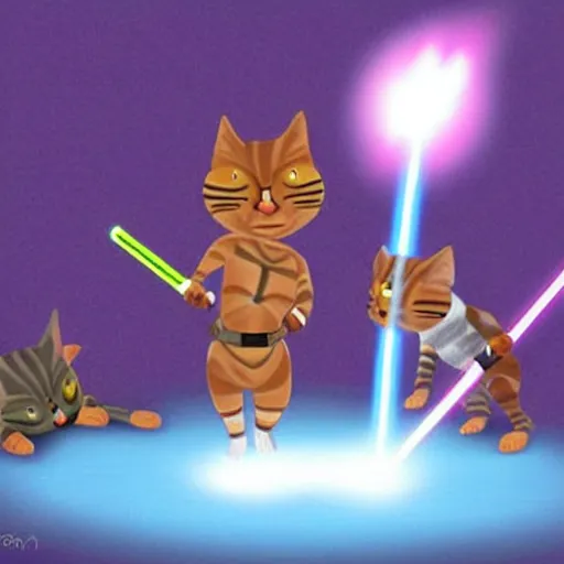 Prompt: jedi cats with human legs having lightsaber fight