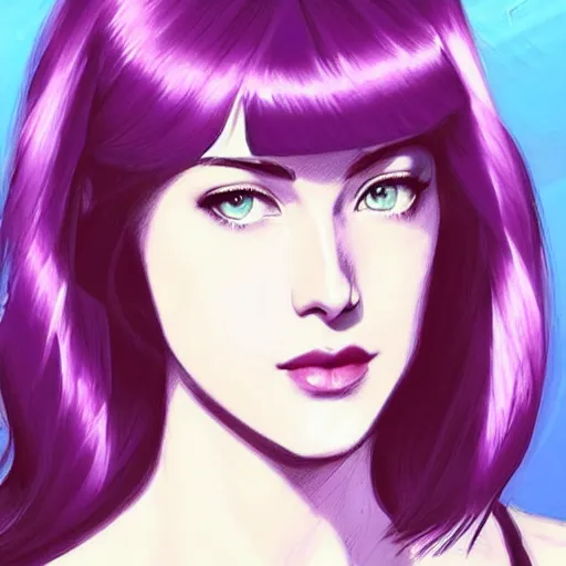 Image similar to A combination of Katheryn Winnick's and Grace Kelly's and Katherine McNamara's faces with short violet hair as Motoko Kusanagi from Ghost in The SHell, western, D&D, fantasy, intricate, elegant, highly detailed, digital painting, artstation, concept art, matte, sharp focus, illustration, art by Artgerm and Greg Rutkowski and Alphonse Mucha